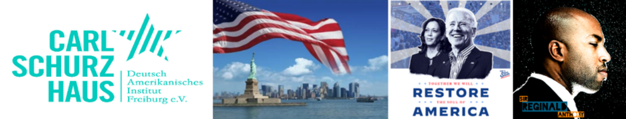 Grafik mit folgenden Inhalten: Logo des Carl-Schurz-Hauses, Bild der Freiheitsstatue in New York, Bild von Joe Biden und Kamala Harris, Bild von Sir Reginald Anthony